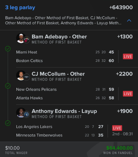 br_betting's tweet photo. $10 INTO $64K ON THIS METHOD OF FIRST BASKET PARLAY 😱

HOW DO Y'ALL DO IT.

(IG: theothermarcus @FDSportsbook) https://t.co/bNb2FhNNUd