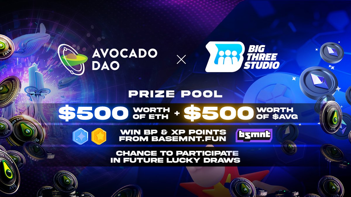 Avocado DAO🥑 (@avocadoguild) on Twitter photo 1/ 🥑 Avocadians, Christmas just came early! 🎄✨
✨
We’ve teamed up with <a href="/bigthree_studio/">Bigthree Studio</a> to bring you a quest packed with rewards and nostalgia!
Here is what you can win: 👇
💰 $500 in ETH
💰 $500 in $AVG
🎮 BP & XP points from Basement.fun
💎 Gems for future 1/ 🥑 Avocadians, Christmas just came early! 🎄✨
✨
We’ve teamed up with <a href="/bigthree_studio/">Bigthree Studio</a> to bring you a quest packed with rewards and nostalgia!
Here is what you can win: 👇
💰 $500 in ETH
💰 $500 in $AVG
🎮 BP & XP points from Basement.fun
💎 Gems for future
