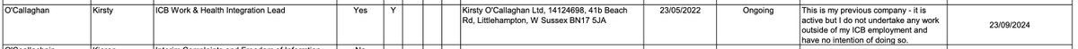 LegalGengar's tweet photo. It appears that Kirsty O'Callaghan (of Essex County Council fame) is indeed now employed by @BLMKHealthCare Integrated Care Board. In their conflict of interest register published on 12 November 2024, she has declared her limited company—Kirsty O'Callaghan Limited—as a potential conflict of interest in her role as "ICB Work & Health Integration Lead", although she has also stated "I do not undertake any work outside of my ICB employment and have no intention of doing so."

https://t.co/2up574ghJY