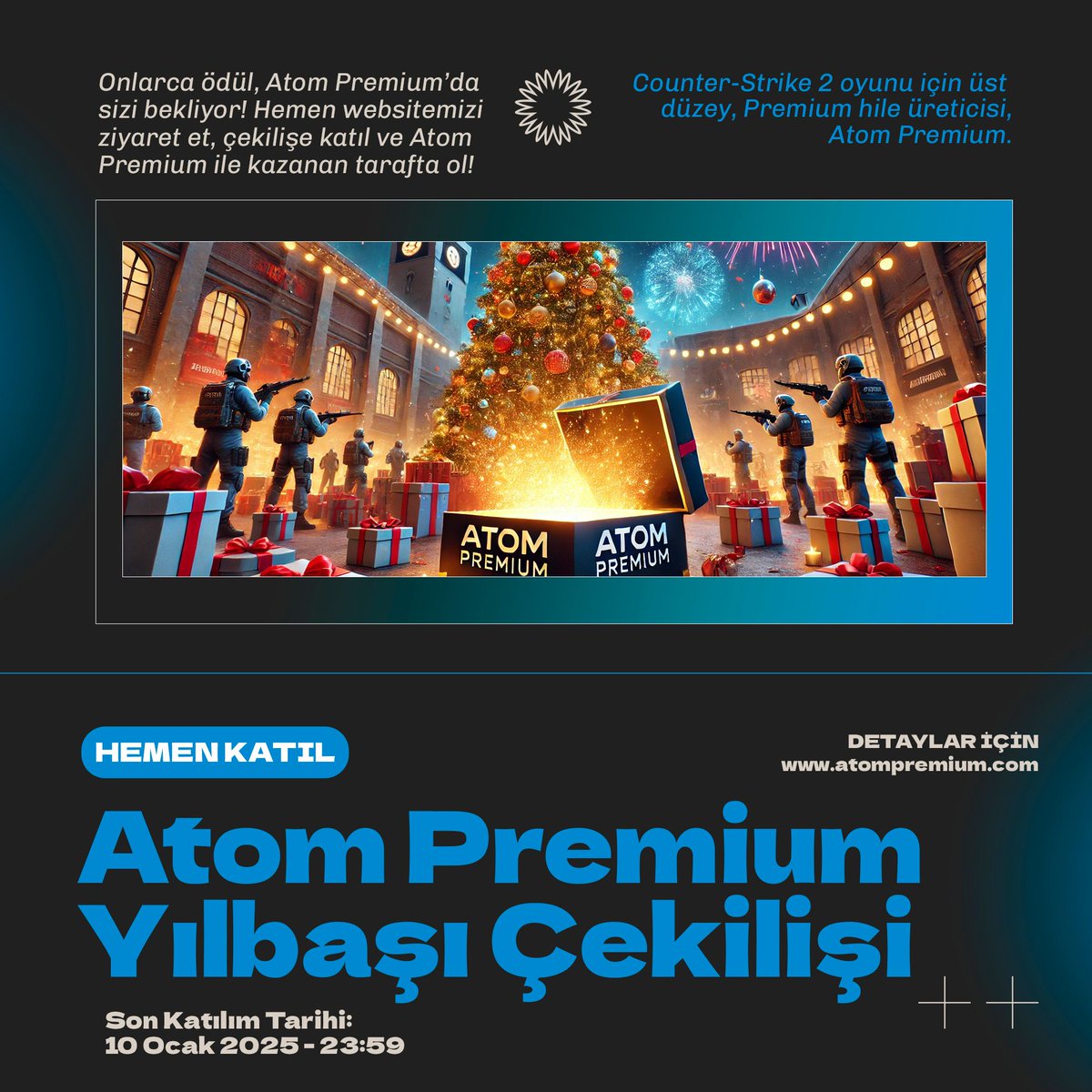 Atom Premium yılbaşı çekilişi başladı ve bu yıl da heyecan verici hediyeler sizleri bekliyor. Katılım için son tarih 10 Ocak 2025. Onlarca eşsiz hediye kazanma şansını kaçırmamak için hemen atompremium.com'u ziyaret edin. Şansınızı deneyin, kazanan tarafta olun!