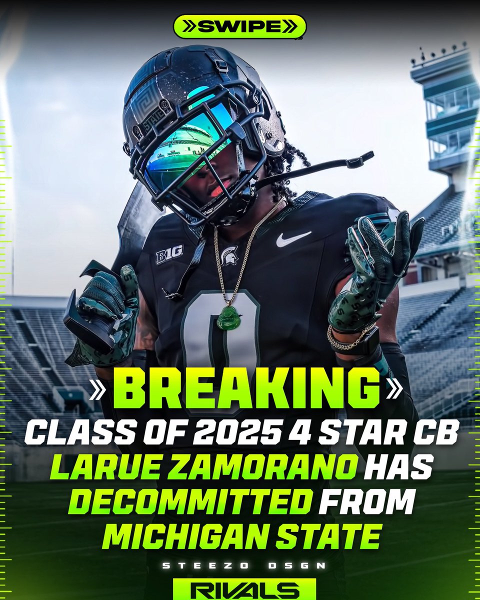 Steezo (@steezodsgn) on Twitter photo BREAKING: Class of 2025 4 ⭐️ CB Larue Zamorano ( <a href="/LaRueZamorano6/">LaRue Zamoranolll</a> ) has decommitted from Michigan State he tells me.
-
LaRue is a 6’2 (186 LBS) Cornerback out of Corona, CA. Zamorano tells me USC, UCLA and Washington are teams recruiting him the most at the moment. This news comes BREAKING: Class of 2025 4 ⭐️ CB Larue Zamorano ( <a href="/LaRueZamorano6/">LaRue Zamoranolll</a> ) has decommitted from Michigan State he tells me.
-
LaRue is a 6’2 (186 LBS) Cornerback out of Corona, CA. Zamorano tells me USC, UCLA and Washington are teams recruiting him the most at the moment. This news comes