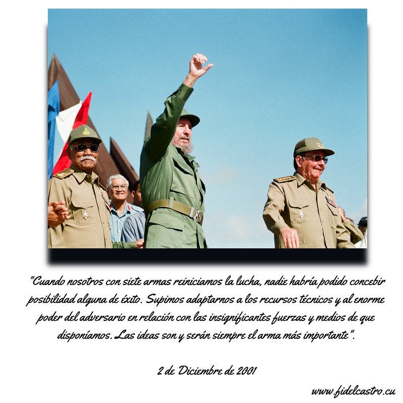 📅2 de Diciembre de 2001 🎙️#FidelCastro: "Cuando nosotros con siete armas reiniciamos la lucha, nadie habría podido concebir posibilidad alguna de éxito. Supimos adaptarnos a los recursos técnicos y al enorme poder del adversario."
<a href="/FSoldadodeIdeas/">Fidel, Soldado de las Ideas</a>