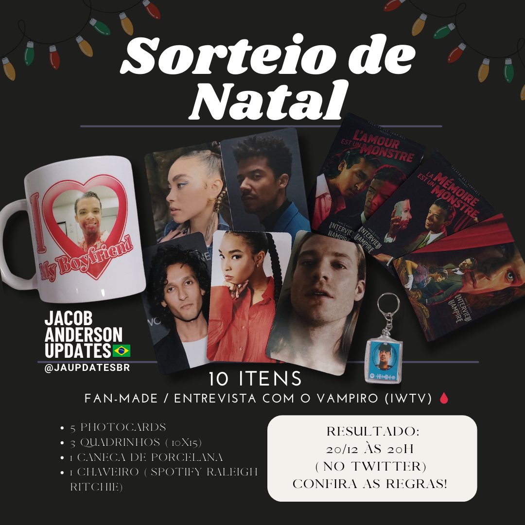 acervyjacob's tweet photo. SORTEIO DE NATAL IWTVTWT! 🎁

PRÊMIOS:
- 5 Photocards
- 3 Quadrinhos (10x15)
- 1 Caneca
- 1 Chaveiro
+ BRINDES se nos seguir no insta: @ jaupdatesbr

REGRAS:
1️⃣ RT + ❤️ neste post;
2️⃣ Seguir esse perfil aqui no Twitter;
3️⃣ Marcar 1 amigo (quantas vezes quiser, mas não vale famoso e nem repetir).

RESULTADO: 20/12 às 20h!