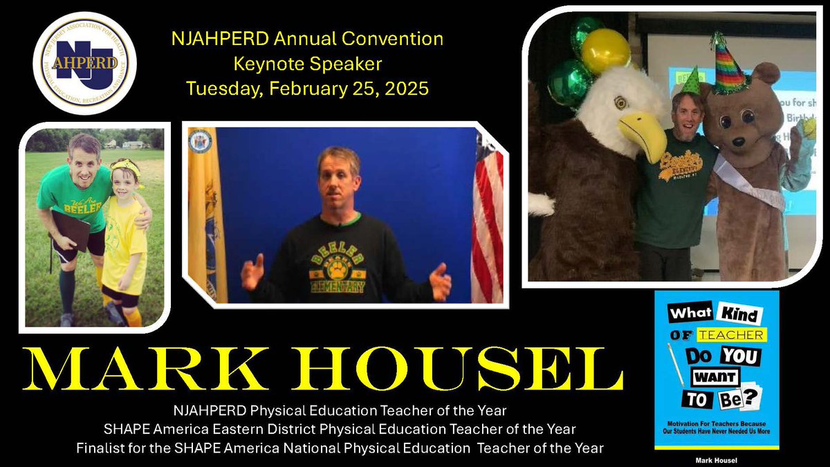 NJAHPERD (@shapenj) on Twitter photo 🚨BREAKING NEWS🚨
NJAHPERD is SO PROUD to announce that our very own <a href="/HouselPhysEd/">Mark Housel</a> will deliver the Day 2 Keynote at our Annual NJAHPERD Convention on 2/25/25 in Princeton. Come ✅ out this Award Winning Teacher, Author & All Around Good Guy get things started on Day 2. #PhysEd 🚨BREAKING NEWS🚨
NJAHPERD is SO PROUD to announce that our very own <a href="/HouselPhysEd/">Mark Housel</a> will deliver the Day 2 Keynote at our Annual NJAHPERD Convention on 2/25/25 in Princeton. Come ✅ out this Award Winning Teacher, Author & All Around Good Guy get things started on Day 2. #PhysEd