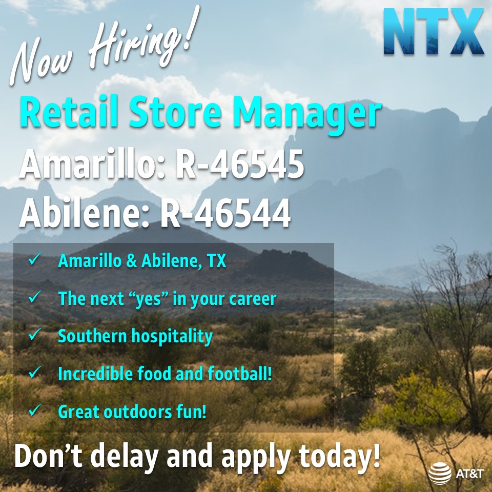 📣Are you ready to take that next step in your career?

✨We are looking for stellar leaders to join the NTX leadership team as Retail Store Managers in the Panhandle and West Texas!

Amarillo RSM - 46545
Abilene RSM- 46544

Don't delay &amp; apply today!