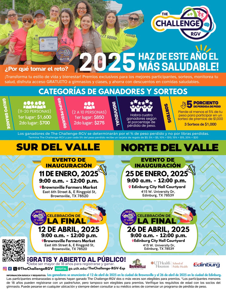TheChallengeRGV's tweet photo. ¿Por qué tomar el reto de The Challenge-RGV?   ¡Para hacer del 2025 tu año más saludable! Obtén acceso gratuito a gimnasios locales, clases y descuentos exclusivos en alimentos nutritivos en todo el RGV. ¡  Pre regístrate ahora: https://t.co/1k1wPIGOA7 https://t.co/wi0lmjaVOk