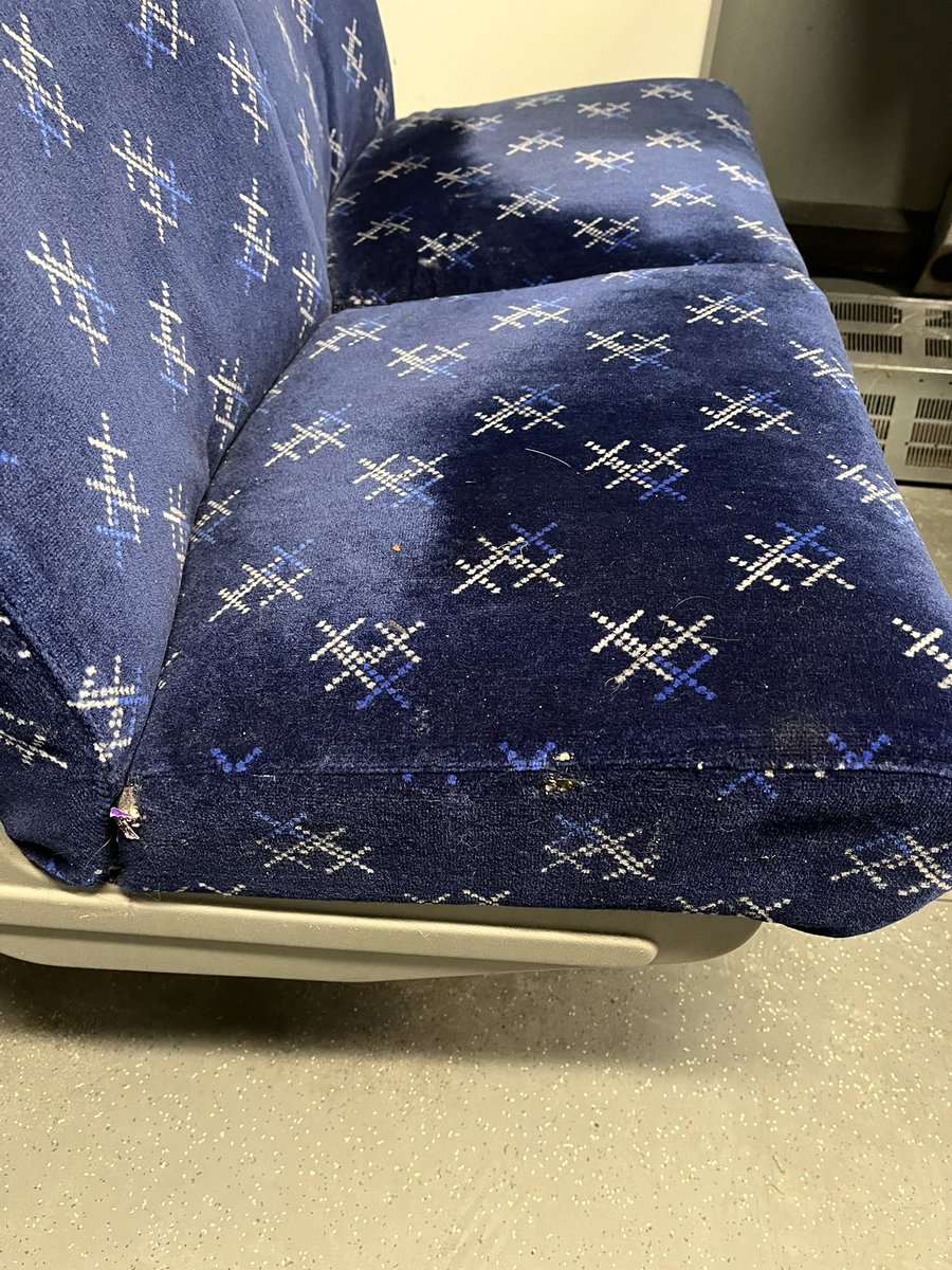 M67McG's tweet photo. @ScotRail carriage 77265. Got the 09:09 Balloch into Glasgow and sitting about the same seat area on the 22:40 home. 

A small thing lots will say but it’s disgusting, will I shall send my next dry cleaning bill your way? https://t.co/bIOyEZ2CAX