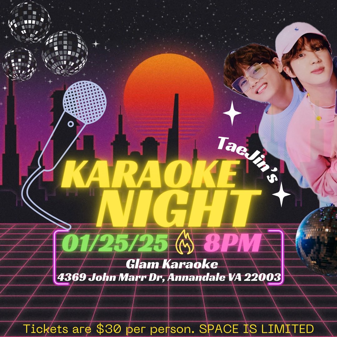 Borahaze FRI(END)S, we are inviting you to our TaeJin Karaoke Night!!! 

This event will be held at Glam Karaoke in Annandale VA on January 25th at 8pm!! 

Tickets will be set at $30 PER PERSON via PayPal!!  Space is SUPER LIMITED so get your tickets ASAP! LINK IN BIO!