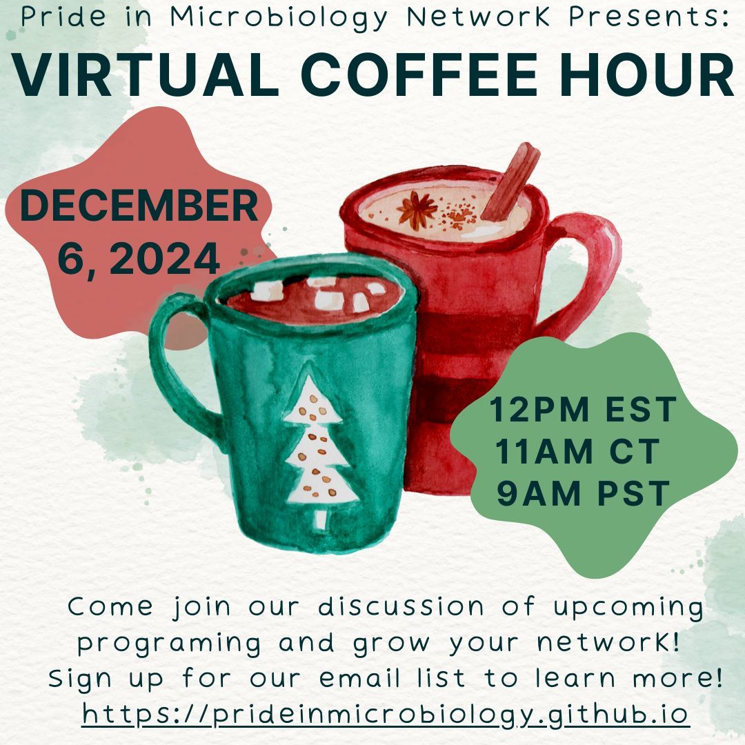 prideinmicro's tweet image. Join us for our last Coffee Hour of the year this Friday, December 6th! We are introducing a new and ongoing mentorship program this week, so come learn more and connect with our community! 🏳️🌈 🔬 🏳️🌈 🔬
Register for our email list here for the Zoom link✨
prideinmicrobiology.github.io