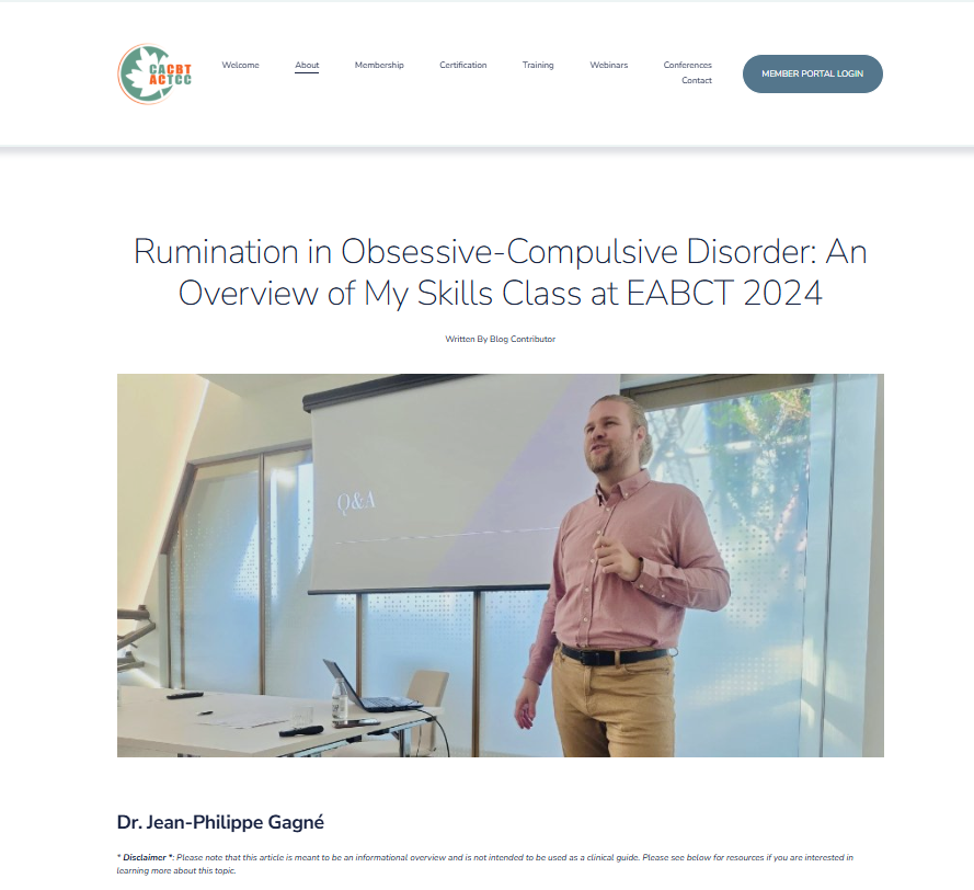 🌟New Blog🌟 This month we feature an overview of Board Member, Dr. Jean-Phillipe Gagné’s skills class on Rumination in Obsessive-Compulsive Disorder, which he presented at the 54th Annual Congress of the <a href="/EABCT/">EABCT</a>. 

cacbt.ca/cacbt-blog