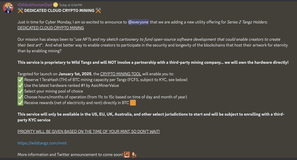 DEDICATED CLOUD MINING

In the coming weeks we will be introducing Cardano's FIRST cloud mining tool for Tangz Series 2 holders ONLY 🟧

FCFS VIA MINT 👉 wildtangz.com/mint

* T&amp;C apply, geofenced and KYC required, see Discord for details
