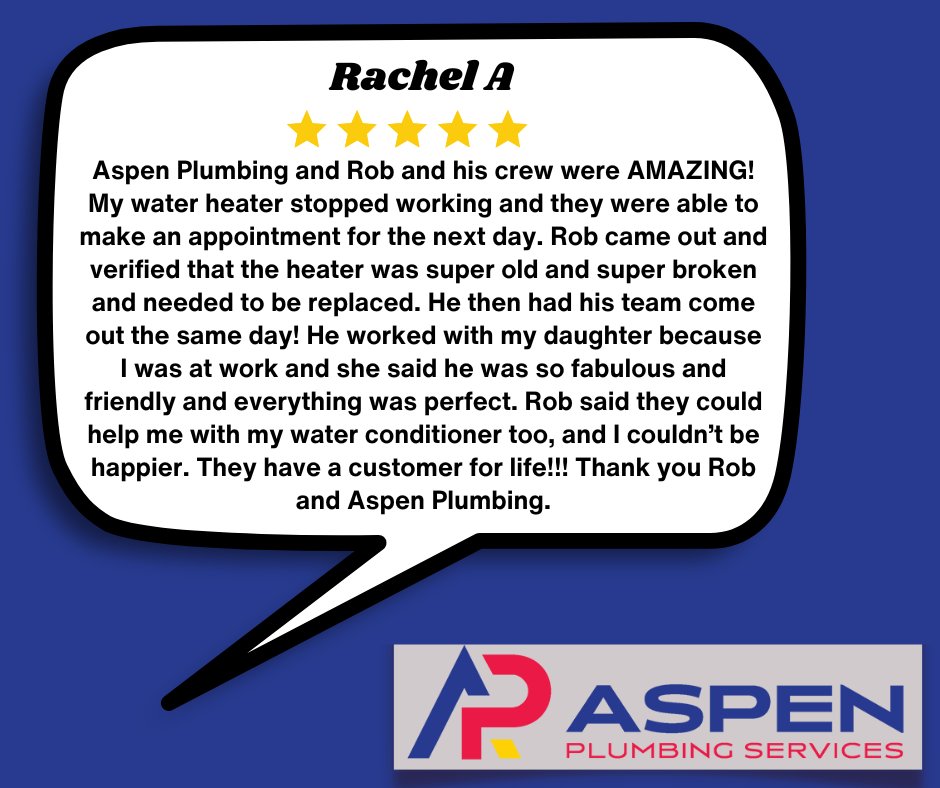 AspenOneHour's tweet photo. Rachel, thank you so much for the great review! 😁👍

Your satisfaction is our top priority, &amp; we're glad we could exceed your expectations. 

We appreciate your business &amp; look forward to serving you and your family for many years to come.

#AspenPlumbingServices #5StarReview⭐ https://t.co/NRMR7OPhGR