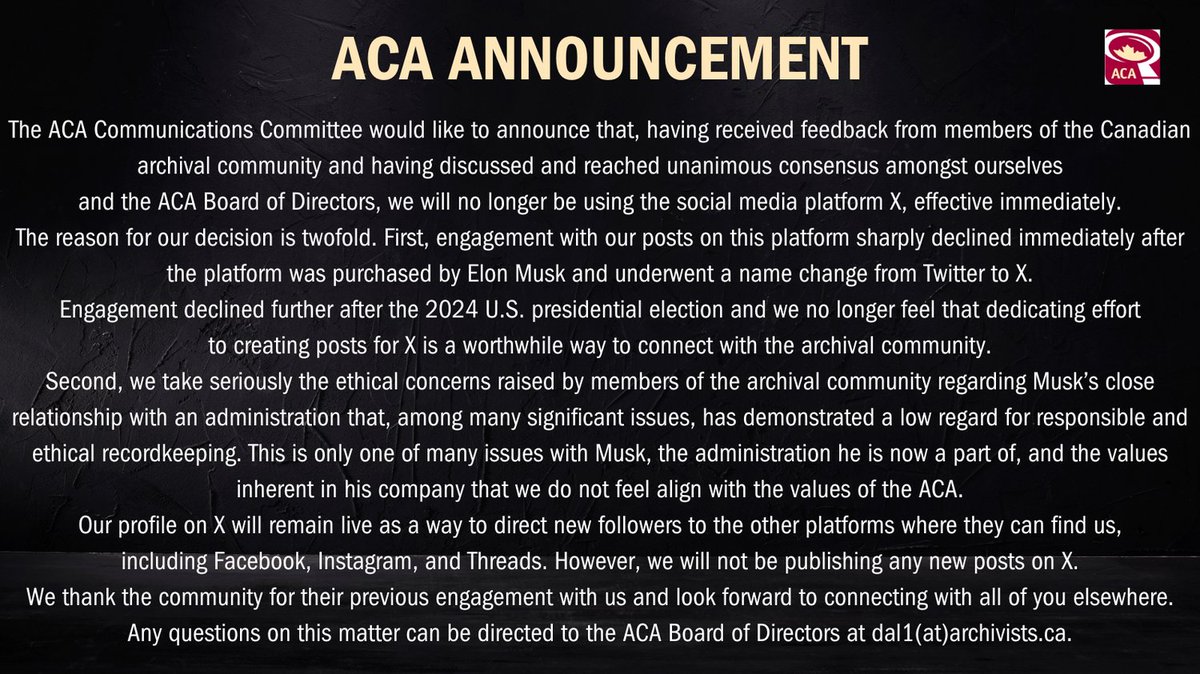 The ACA Communications Committee would like to announce that we will no longer be using the social media platform X, effective immediately.

We thank you for your support and look forward to connecting with you via other platforms.