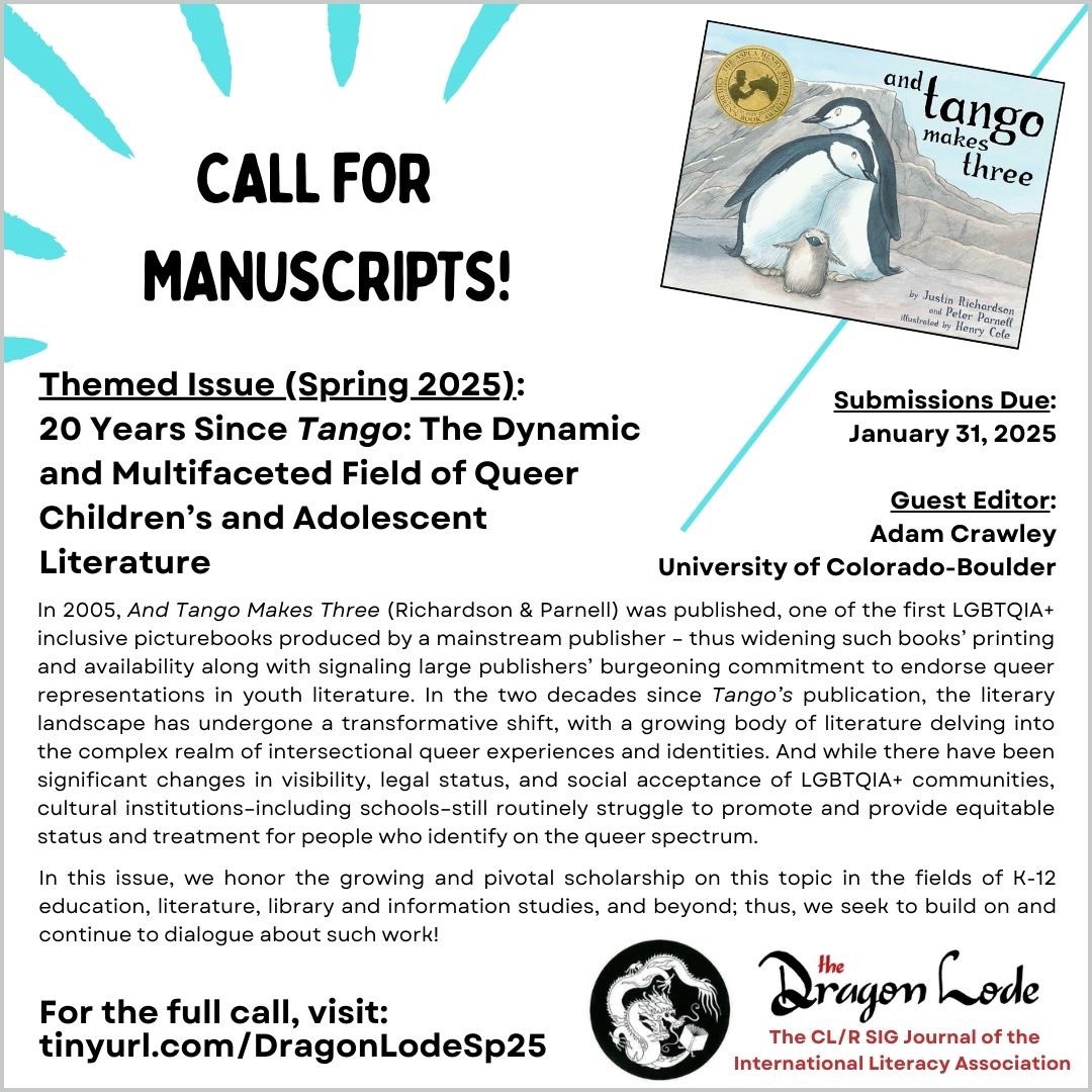 Teaching and/or researching with LGBTQIA+ children’s or young adult literature? Have a NCTE or LRA presentation you’re looking to develop into an article and submit to a journal…especially with a quick publication timeline? If so, please consider submitting a manuscript!