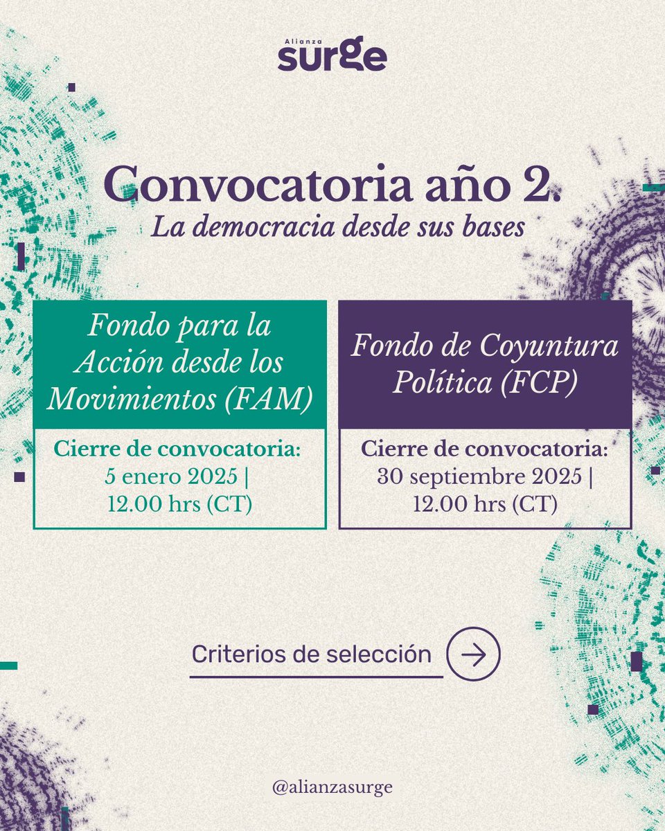 alianzasurge's tweet photo. 🔎Conoce los criterios de selección de nuestros fondos.

Aplica y amplía los alcances de las transformaciones sistémicas propuestas por tu organización, colectivo, movimiento o coalición. 

👉https://t.co/qqRnV0M9B7 https://t.co/BxCKX7ybne