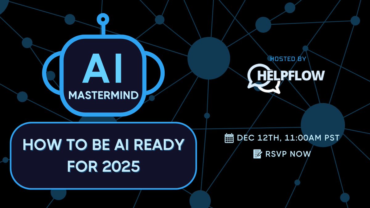 helpflowonline's tweet image. 🎉 Ready to prep your business for 2025? Join us on Dec 12 at 11 AM PST for tips on using AI to boost productivity. Whether you’re new to AI or refining your strategy, this session is for you!
🔗 Register at bit.ly/3yCQPiT
#HelpFlow #AIMastermind