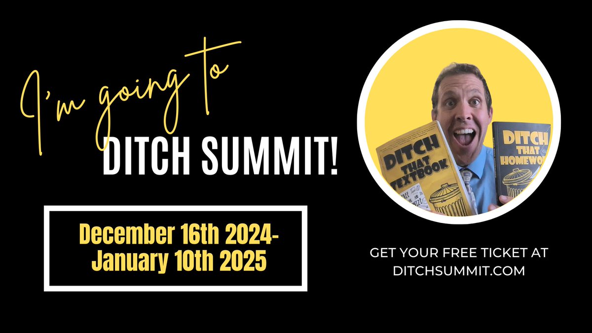 JustStartTech's tweet image. I’m going to Ditch Summit, a FREE online conference for educators from Dec 16 to Jan 10.

Topics include student curiosity, AI, student voice, PBL, practical teaching ideas, and much more!

📷 Register at ditchsummit.com