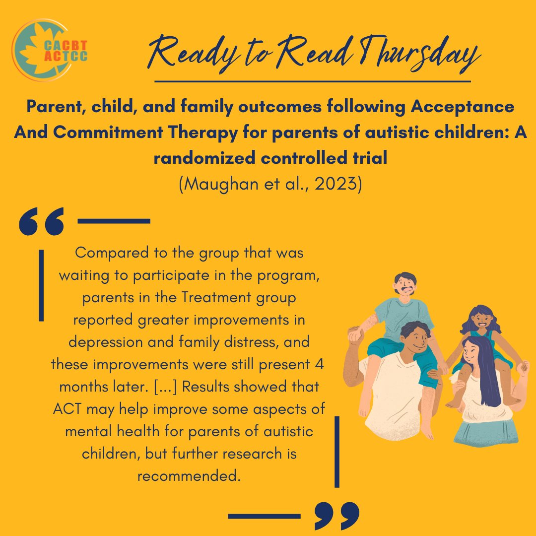 📒 It's Ready to Read Thursday! Did you know that there are RCTs exploring the impact of Acceptance and Commitment Therapy (ACT) for parents on child, family, &amp; parent outcomes? Check out Maughan &amp; colleagues latest research to learn about their results!

tinyurl.com/ysjp657p