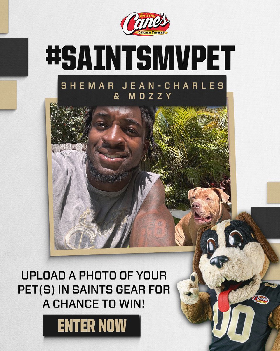Saints's tweet image. Share your #SaintsMVPet with the link below for a chance to win tickets to a game and be featured on social like @sherm_ftc and his MVPet, Mozzy 🫶
Enter now: neworlns.co/MVPet
November’s winner will be announced Tuesday, Dec 3!
#Saints | @raisingcanes