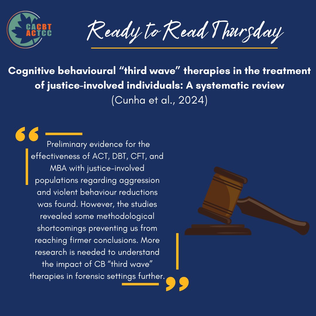 📘 Do you enjoy reading the latest research on third wave CBT therapies? Cunha et al. recently published a systematic review on the use of CBT-related therapies amongst justice-involved populations.

To read more, visit tinyurl.com/3nycp22h