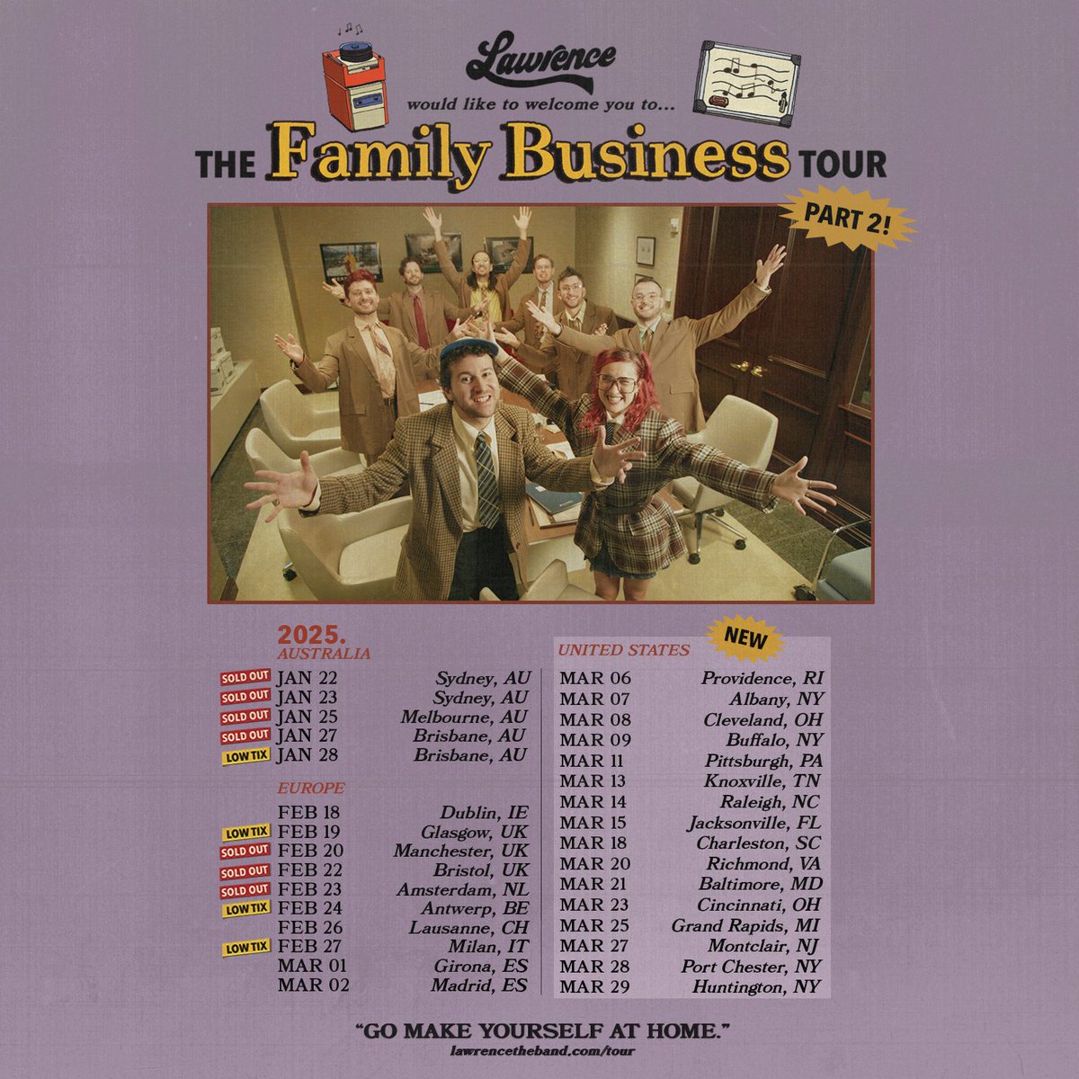 artist presale is live RIGHT NOW through thursday 11:59pm local time!!!! aka our fans can buy tickets to the North America dates on our website now (pw: BUSINESS)💫 lawrencetheband.com/tour