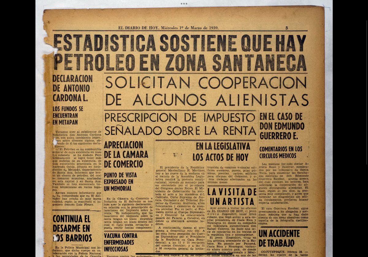 hector_l_f's tweet photo. ¡PETRÓLEO EN EL SALVADOR!  

¡SOMOS RICOS!  

Marzo 1, 1939  
 
El dictador M. H. Martínez comienza nuevo período presidencial después de su reelección inconstitucional.   

El mismo día se anuncia que hay petróleo en Santa Ana y yacimientos de estaño de muy buena calidad. https://t.co/nM5piZLFIL