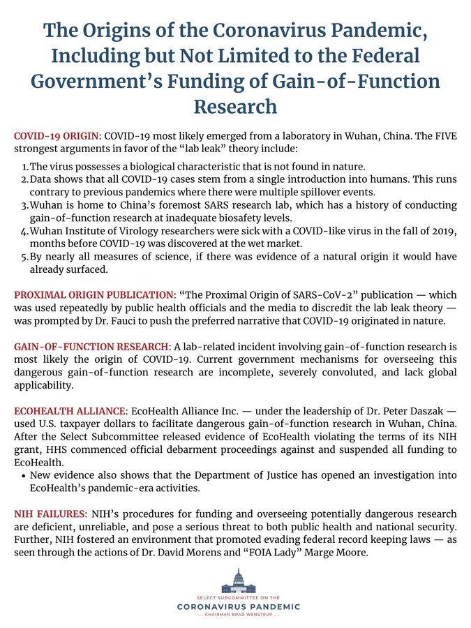 UpwardNewsHQ's tweet photo. 🚨 Final House COVID report confirmed:

- COVID "likely" leaked from a Wuhan lab
- Masks &amp; lockdowns caused "more harm than good"
- NIH-funded research lacked oversight
- Fauci pushed natural origin theory despite doubts
- EcoHealth under federal investigation for funding lapses https://t.co/58LeaTiJZh
