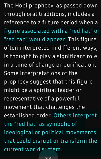 Hopi Prophesy: The “man in the red hat” heralds the Great Purification, where humanity must choose between enlightenment and entering the Fifth World, or facing annihilation.

The "Great White Brother" are Pleaidians.