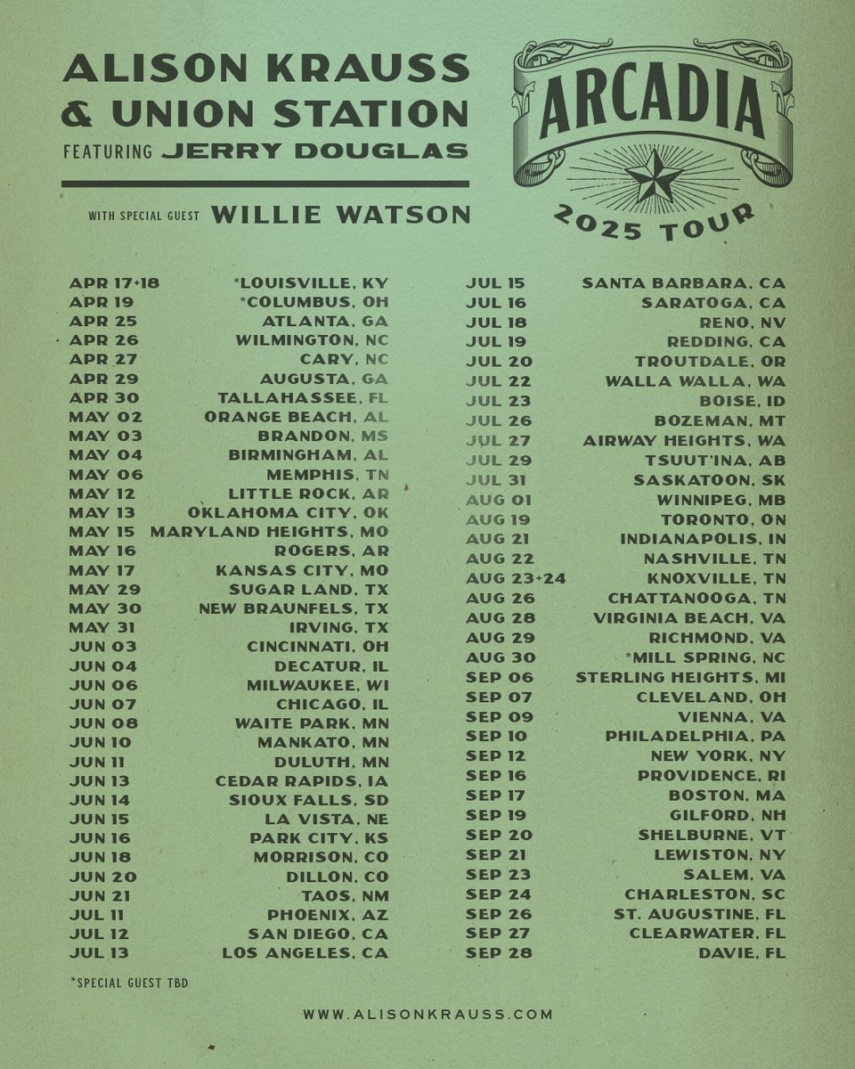 Alison Krauss &amp; Union Station Featuring Jerry Douglas will be heading back out on the road in 2025 for an extensive North American tour. Pre-sale starts Dec 4th at 10am local and tickets go on sale to the public Dec 6th at 10am local venue time. alisonkrauss.com