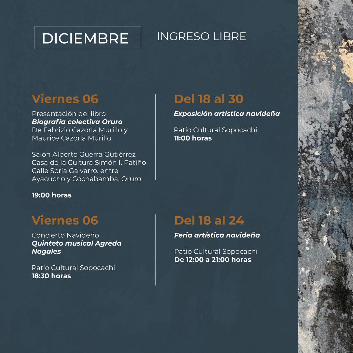 CentrodelaRevo's tweet photo. #CRC I El @CentrodelaRevo, dependiente de la @CulturaFCBCB  te presenta la #AgendaDeActividades #diciembre2024.

#6AñosCRC #InésYGil #SomosRevoluciónCultural
#UnidosRumboAlBicentenario
#LaCulturaNosUne https://t.co/k57bLnh4Uk