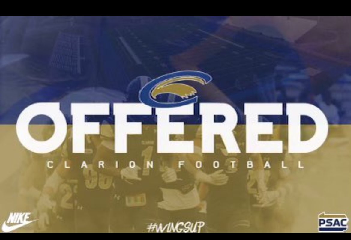 After a great conversation with <a href="/CoachDurish/">Dave Durish</a> I am blessed to receive a offer from <a href="/ClarionFootball/">Clarion Football</a> <a href="/Coach_Nickson/">Jayson Nickson</a>