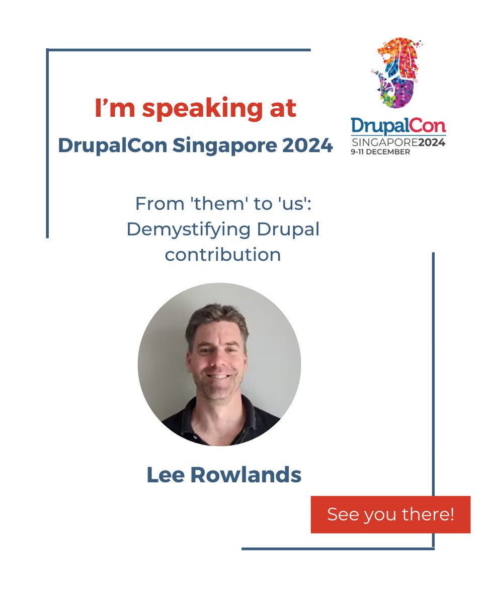 1 week to go! Join PNXer Lee Rowlands as he teams up with Pamela Barone for their session: "From 'them' to 'us': Demystifying Drupal contribution" at #DrupalConSingapore on Tuesday, 10 December.

All the details here: events.drupal.org/singapore2024/…

#DrupalCon #OpenSource #Contribution