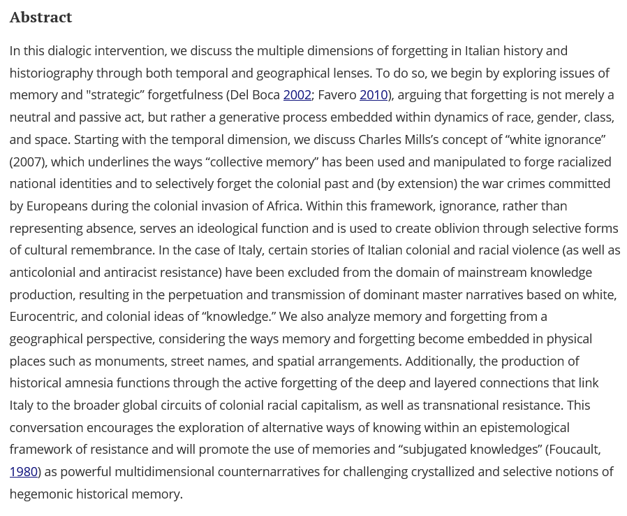 CASBS (@casbsstanford) on Twitter photo NEW ARTICLE in the journal Italian Culture (<a href="/tandfonline/">Taylor & Francis Research Insights</a>) by CASBS fellow <a href="/camillahawth/">Dr. Camilla A. Hawthorne</a> (& coauthors Angelica Pesarini & Barbara Ofosu-Somuah) on colonial amnesia & the politics of memory
"Memory, Forgetfulness, and Multidimensional Acts of Resistance"
tandfonline.com/doi/full/10.10… NEW ARTICLE in the journal Italian Culture (<a href="/tandfonline/">Taylor & Francis Research Insights</a>) by CASBS fellow <a href="/camillahawth/">Dr. Camilla A. Hawthorne</a> (& coauthors Angelica Pesarini & Barbara Ofosu-Somuah) on colonial amnesia & the politics of memory
"Memory, Forgetfulness, and Multidimensional Acts of Resistance"
tandfonline.com/doi/full/10.10…