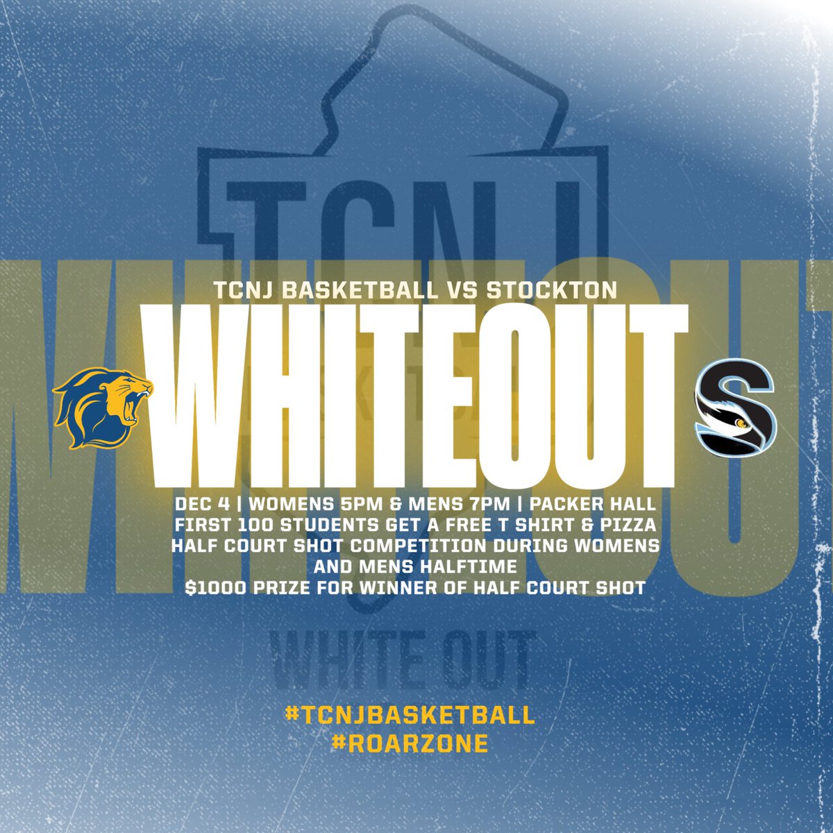 TCNJMBB's tweet photo. ‼️THIS WEDNESDAY‼️ Break in the new ROAR ZONE with a WHITEOUT AT HOME for our basketball double-header! The women play at 5pm & men have a 7pm tip! Great prizes for a half court shot competition during both games! GO LIONS! 💙🦁💛 #tcnjmbb #tcnjwbb #packpacker #roarzone #golions https://t.co/XliDALBevJ