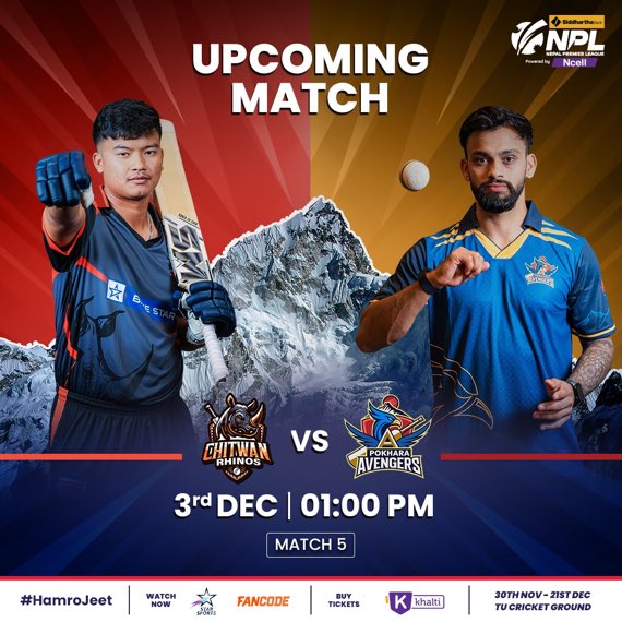 PaudelBiplav's tweet image. #PredictionTime
Match 4: Sudhurpaschim Royals
Match 5: Pokhara Avengers!
