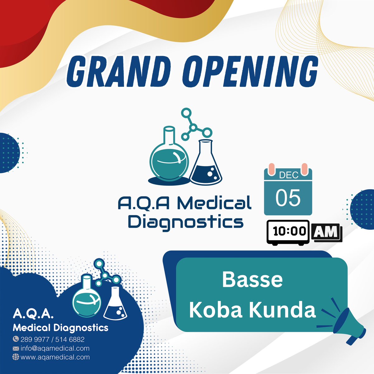 AQA Medical Diagnostics is proud to announce the grand opening of our new Diagnostic Lab in Basse Koba Kunda❗️

📅 Date: Thursday, 5th December 2024
⏰ Time: 10:00 AM
📍 Location: Basse, Koba Kunda

#AqaCares
#NewLocation 
#Basse
#Aqa