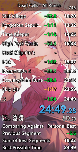 kanra_77's tweet photo. good #DeadCells All Runes WR improvement :)

very happy to finally have a clean split with the new skip in a run. super happy with my execution in general for this one!

likely my last milestone as this category is RTA and I lose a lot of time to load screens, but I'm proud :) https://t.co/uzF3vz8W1u