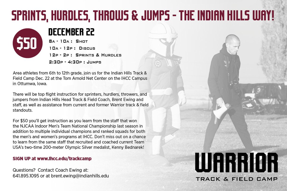 🚨TRACK &amp; FIELD CAMP ALERT!🚨 

Grades 6-12 

🗓️Sunday, Dec 22
➖8a - 10a : Shot (bring implements)
➖10a - 12p : Discus (bring implements)
➖12p - 2p : Sprints &amp; Hurdles 
➖2:30p - 4:30p : Jumps

📍Tom Arnold Net Center on IHCC Ottumwa Campus 

REGISTER: ihcc.edu/trackcamp