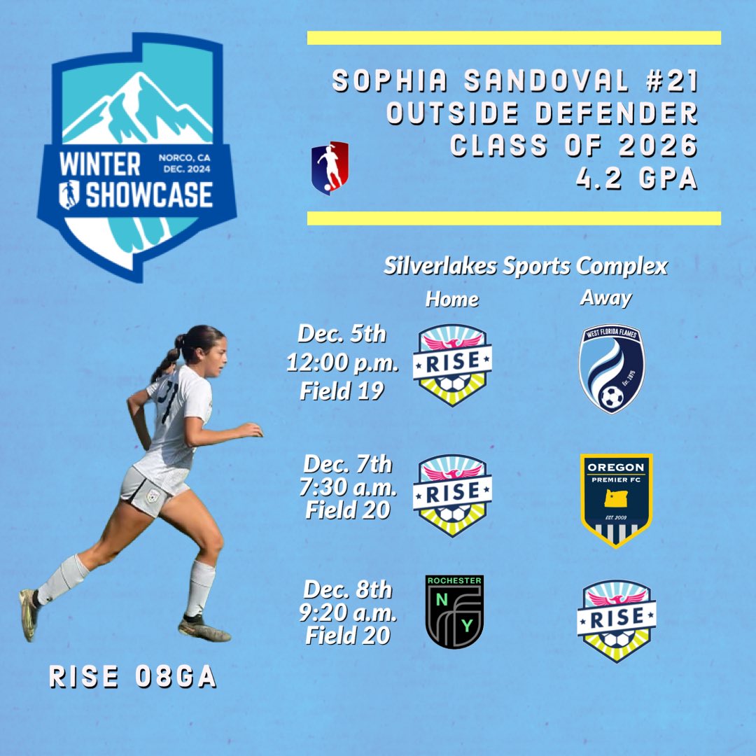 Sophia Sandoval (@soccer7sophia) on Twitter photo Come watch my team <a href="/Rise08G/">Rise08GA</a> and I in California at the GA winter showcase! <a href="/RiseSoccerClub/">RISE Soccer Club</a> <a href="/GAcademyLeague/">Girls Academy</a> <a href="/ImYouthSoccer/">ECNL/GA/Recruiting/College Soccer</a> <a href="/TheSoccerWire/">SoccerWire</a> <a href="/coachkevincross/">Kevin Cross</a> <a href="/ImCollegeSoccer/">College Soccer Truth ™</a> Come watch my team <a href="/Rise08G/">Rise08GA</a> and I in California at the GA winter showcase! <a href="/RiseSoccerClub/">RISE Soccer Club</a> <a href="/GAcademyLeague/">Girls Academy</a> <a href="/ImYouthSoccer/">ECNL/GA/Recruiting/College Soccer</a> <a href="/TheSoccerWire/">SoccerWire</a> <a href="/coachkevincross/">Kevin Cross</a> <a href="/ImCollegeSoccer/">College Soccer Truth ™</a>