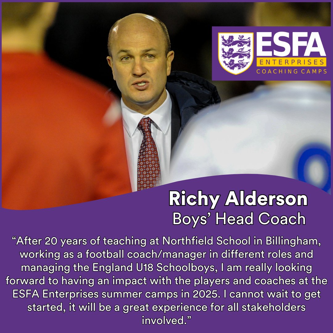 3️⃣ days to register!

We are so excited that England U18 Schoolboys' Manager, Richy Alderson will be overseeing the boys' camp next July - don't miss out on an amazing new experience for young players

Visit esfaenterprises.com to find out more and to register ✅
🟣🟡⚪