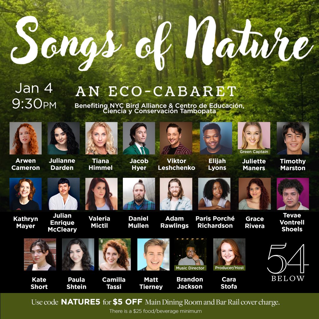 A little over a month away until Songs of Nature: an Eco-Cabaret, a cabaret benefiting <a href="/nycbirdalliance/">NYC Bird Alliance</a> and CECCOT! Tickets are available at 40% off for Cyber Monday until midnight. 54below.org/events/songs-o… 🐦 <a href="/54Below/">54 Below</a> #birdcpp #NYC #54below