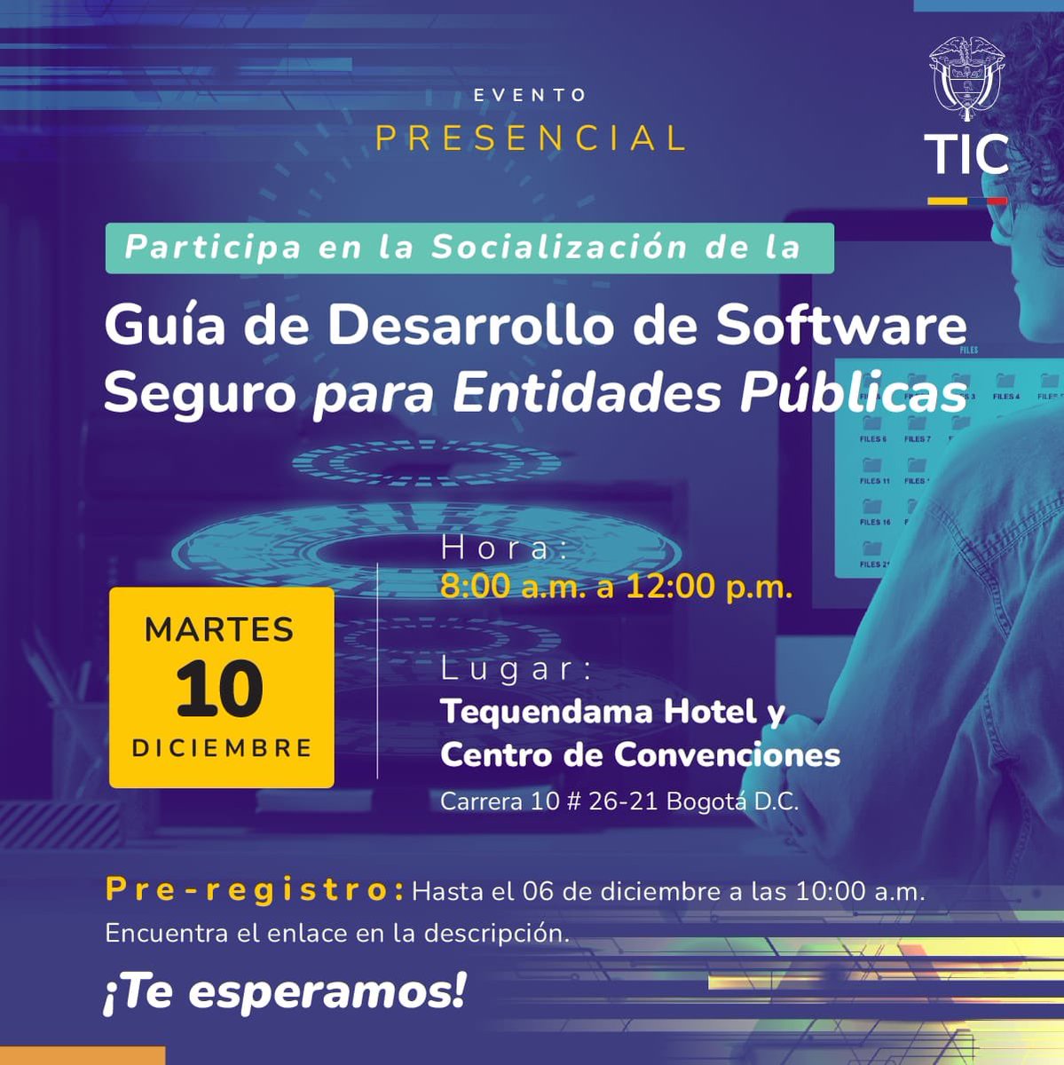 GobDigitalCO's tweet image. 📢Te invitamos a la socialización de la Guía de Desarrollo de Software Seguro para Entidades Públicas, una herramienta clave para disminuir los riesgos de seguridad en las aplicaciones.

👩‍💻 ¡Pre-regístrate antes del 6 de diciembre! 👉 itmanagers.com.co/ministerio/ 
#SoftwareSeguro