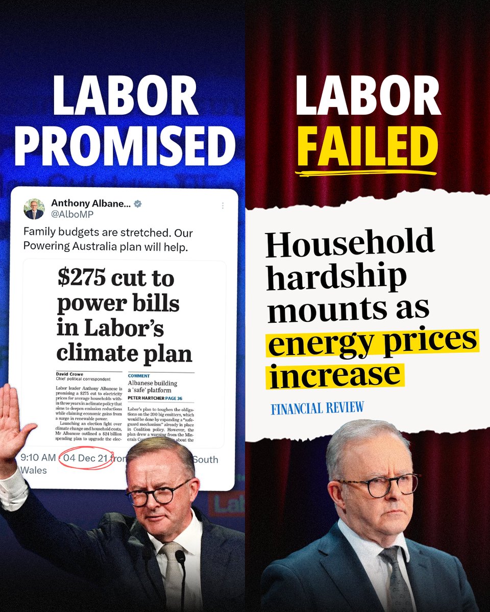 Hon_PeterDutton's tweet image. Electricity bills are now up to $1,000 higher than what Anthony Albanese promised three years ago.

You couldn’t believe him then, and you can’t trust him now. 

Australians deserve affordable, reliable, and cleaner power—and that’s what a Coalition government will deliver.