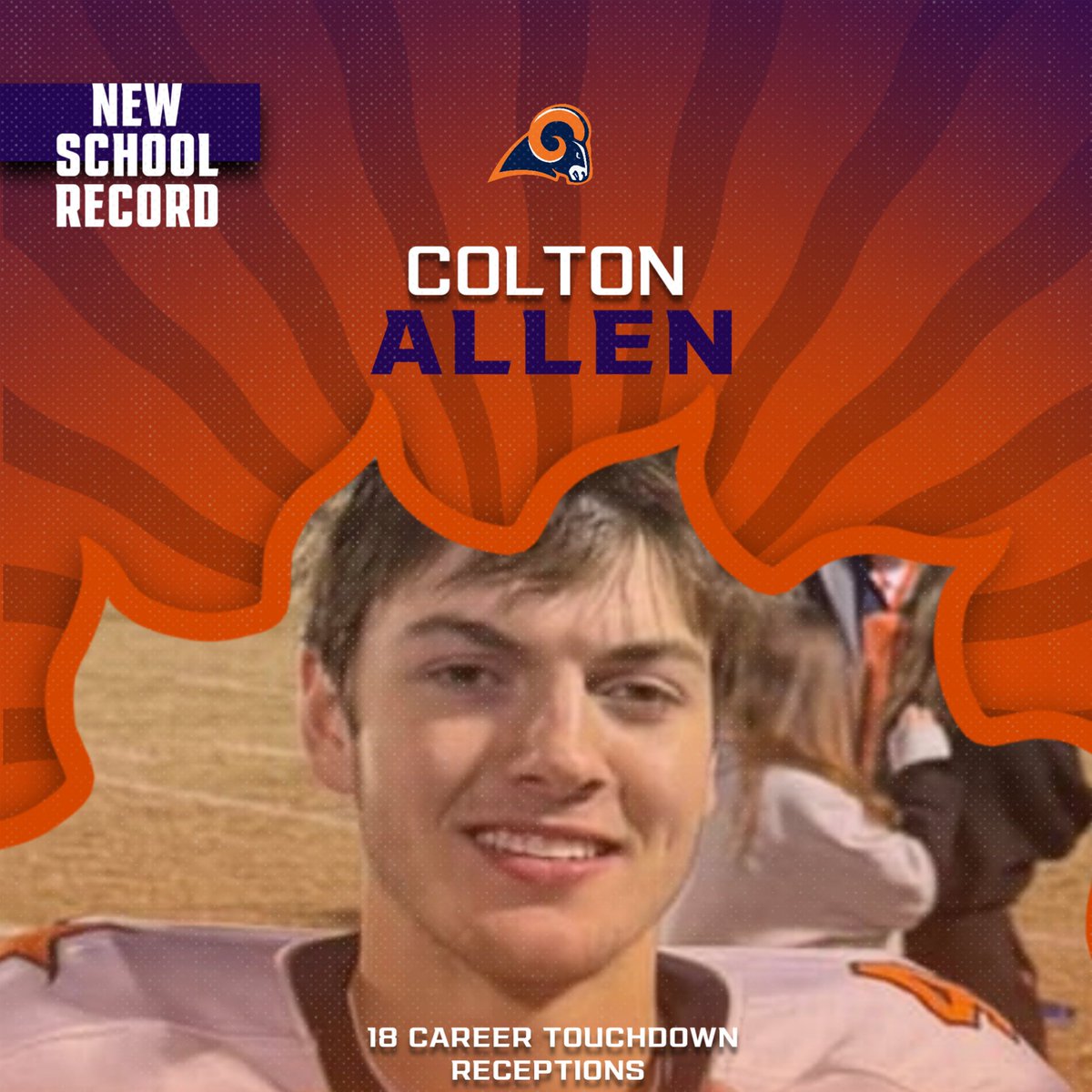StarmountRams's tweet photo. Congrats to Senior WR Colton Allen @ColtonAllen2025 for setting a new school record with 18 career touchdown receptions! 🧡💙 https://t.co/CCYpNooPpo