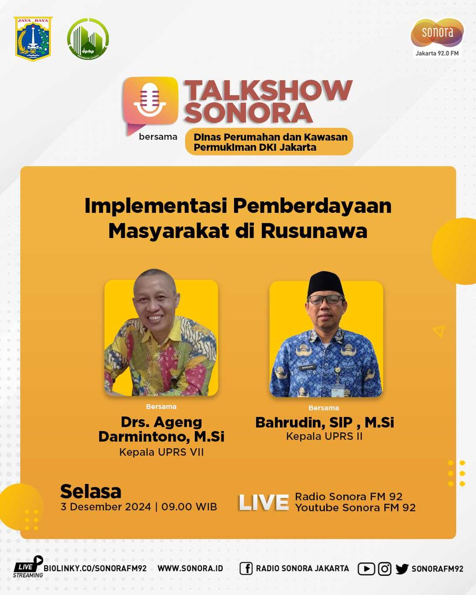 SonoraFM92's tweet photo. Bagaimana implementasi Pemberdayaan Masyarakat di Rusunawa Jakarta? 

 Simak pembahasannya dalam #TalkshowSonora bersama Dinas @perumahandki 

🗓 Selasa, 3 Desember 2024
⏰ 09.00-10.00 WIB
📍 Live YouTube : Sonora FM
📍 Live Streaming: https://t.co/TRcBK95osQ https://t.co/9aYpeVXCxA