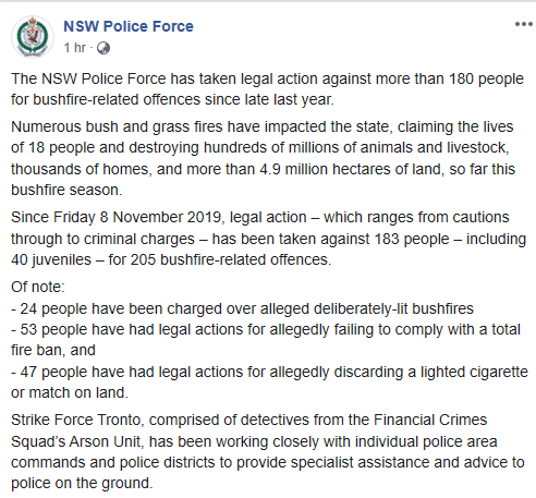 RoadknightThe's tweet photo. @ABCmediawatch Ah, yes, how fondly we remember Media Watch's denial of some on this platform who pointed out that the #ClimateEmergency was more an #ArsonEmergency.
And, after the smoke had settled, did Media Watch run with this - and the 182 charged with arson were from NSW only.
Nope. https://t.co/ARc7iTk5AG