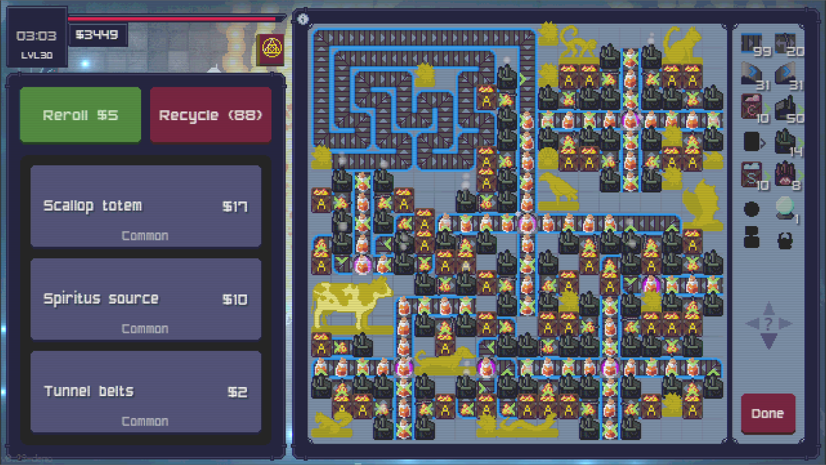 DrJosephJorgen's tweet photo. So apparently Inferno Only in @Rogue__Factory is pretty busted. Had $8k by the end with Cow. 72 Assembler II's, with 11 of those into a dachshund sink, each at around 12 Infernos/second. Those belts zoomed. https://t.co/TEB7OjMFRZ