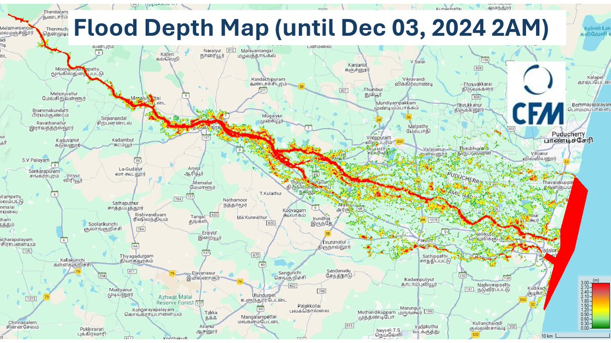 Cyclone #Fengal impacting the Thenpennai River between Sathanur Dam &amp; Cuddalore. 🌊

Check out the depth map showing areas affected by the water flow until 2 am today.

Looks like it’ll take a day for the river to start calming down. #CycloneImpact #ThenpennaiRiver #FloodUpdate