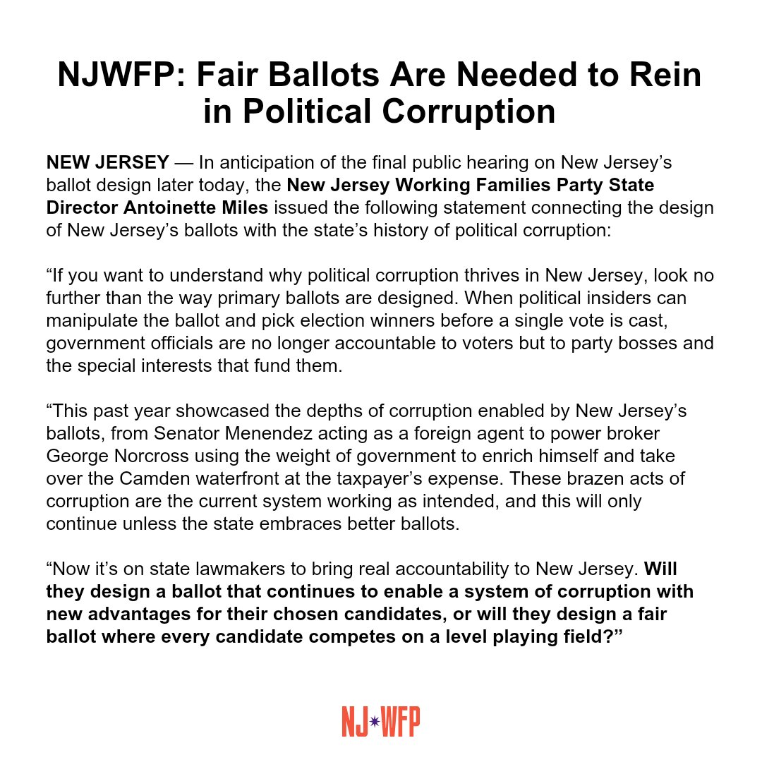 NJWFP's tweet photo. This past year showcased the depths of corruption enabled by NJ's ballots. 

Now it’s on lawmakers to bring real accountability. Will they design a ballot that continues to enable a system of corruption...or will they design a fair ballot?

Full Statement ⬇️ https://t.co/mQjluAvZbp