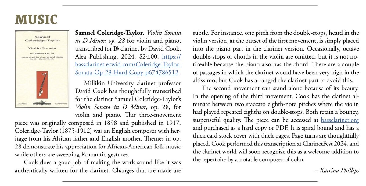 Great to see this awesome review in the latest issue of The Clarinet! We agree - <a href="/davidycook1/">David Cook</a> 's transcription of Samuel Coleridge-Taylor's violin sonata for clarinet and piano skillfully brings a wonderful piece into the clarinet repertoire!

bassclarinet.ecwid.com/Coleridge-Tayl…